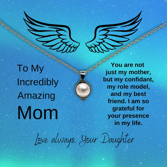To Mom, From Daughter, Angel Pearl Necklace, and Message Card Gift - Lainey Brooke Jewelry