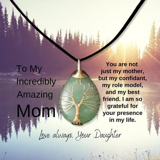 To Mom, From Daughter, Tree Of Life Wire Wrap Aventurine Pendant Necklace, and Message Card Gift - Lainey Brooke Jewelry