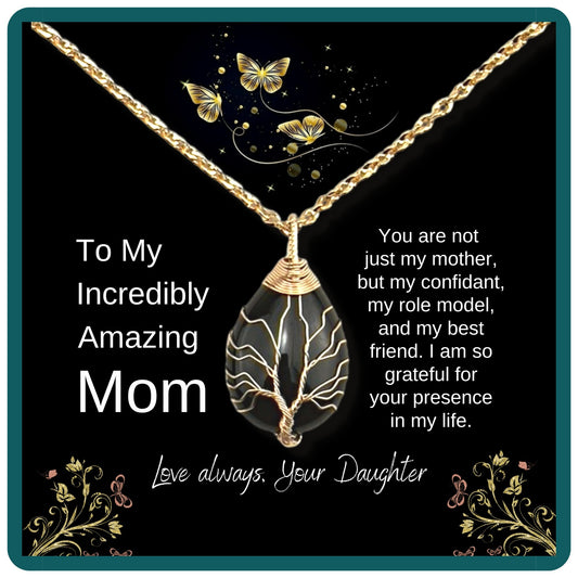 To Mom, From Daughter, Tree Of Life Wire Wrap Obsidian Pendant Necklace, and Message Card Gift - Lainey Brooke Jewelry