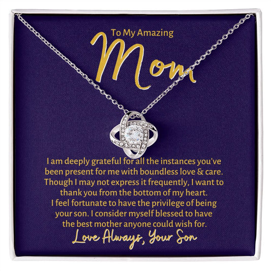 To My Mom, From Son, Love Knot Necklace, & Message Card Gift - Lainey Brooke Jewelry