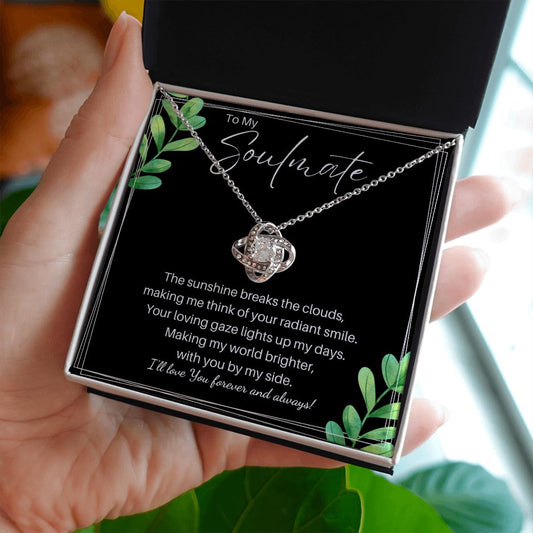 To My Soulmate, Love Knot Necklace and Message Card Gift, Black Sunshine Leaf - Lainey Brooke Jewelry